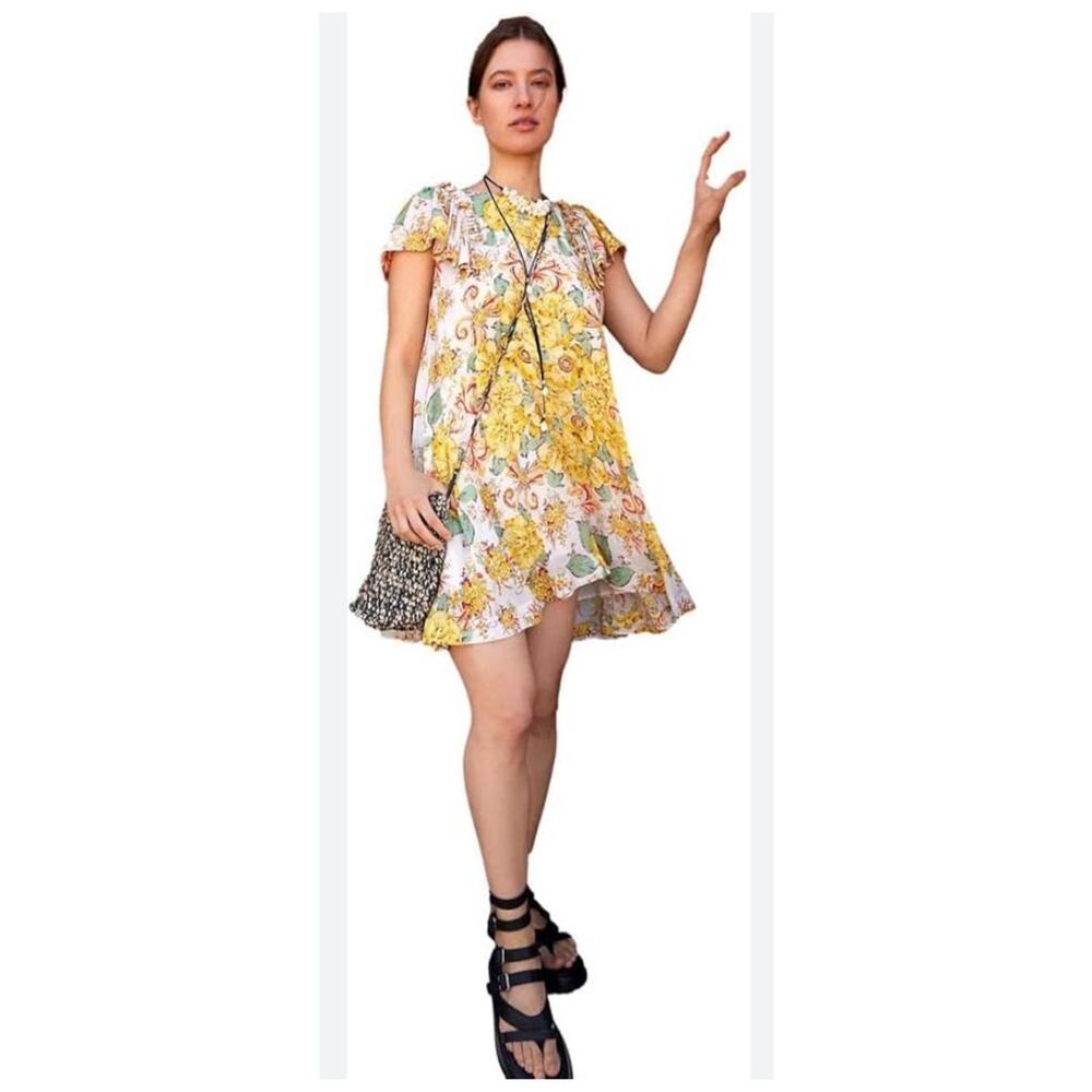 Free People Yara Flutter Sleeve Floral Mini‎ Dress sz XS Slightly oversized NWT